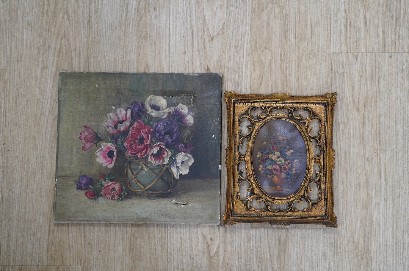Early 19th century, two oils on canvas, Still lifes of flowers, largest 33 x 36cm, one ornately gilt framed. Condition - poor
